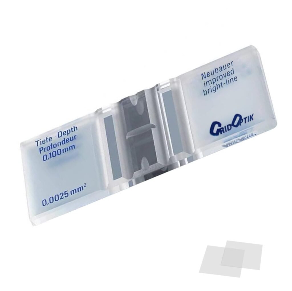 hemocytometer slide, cell counting slide, neubauer chamber, lab hemocytometer, manual cell counter slide, hemocytometer for blood cells, glass slide for microscopy